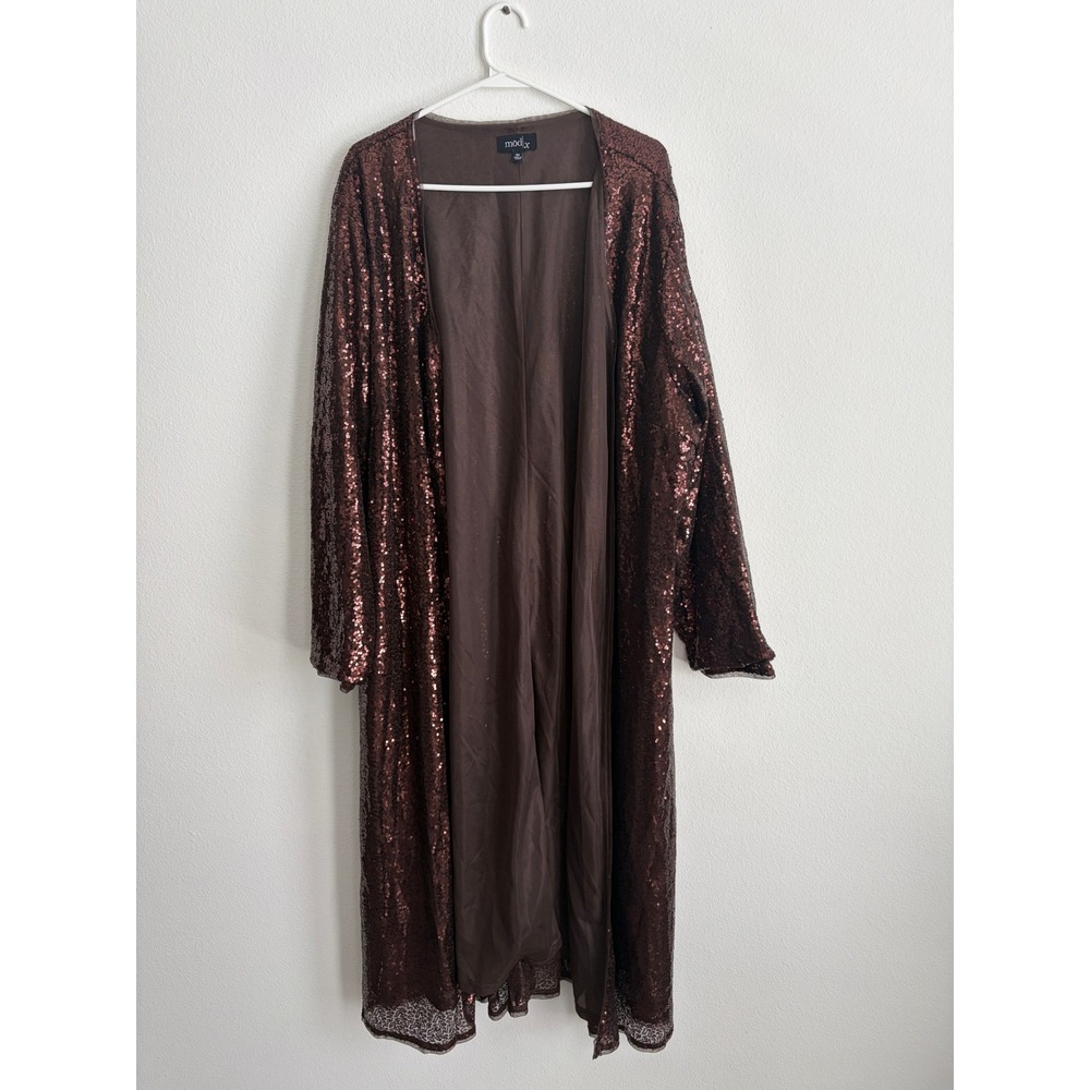 Mod X Brown Sequin Duster Cardigan Long Sleeve Open Front Maxi Jacket Plus 3X
